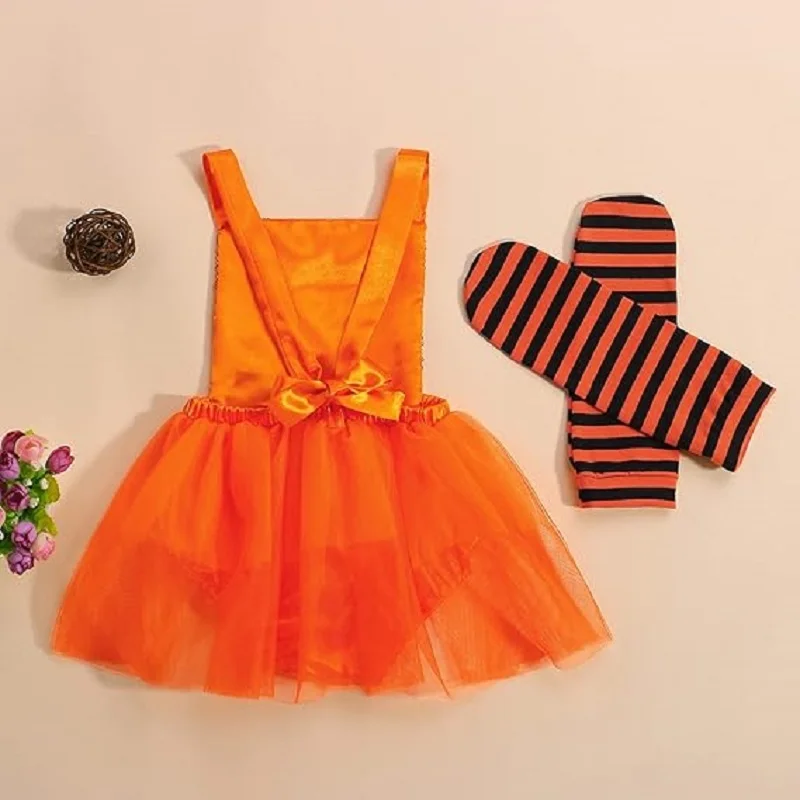 Newborn Baby Girls Halloween Outfits Sleeveless Ghost Romper Tutu Dress Sequin Bodysuit Leg Warmers Clothes Set