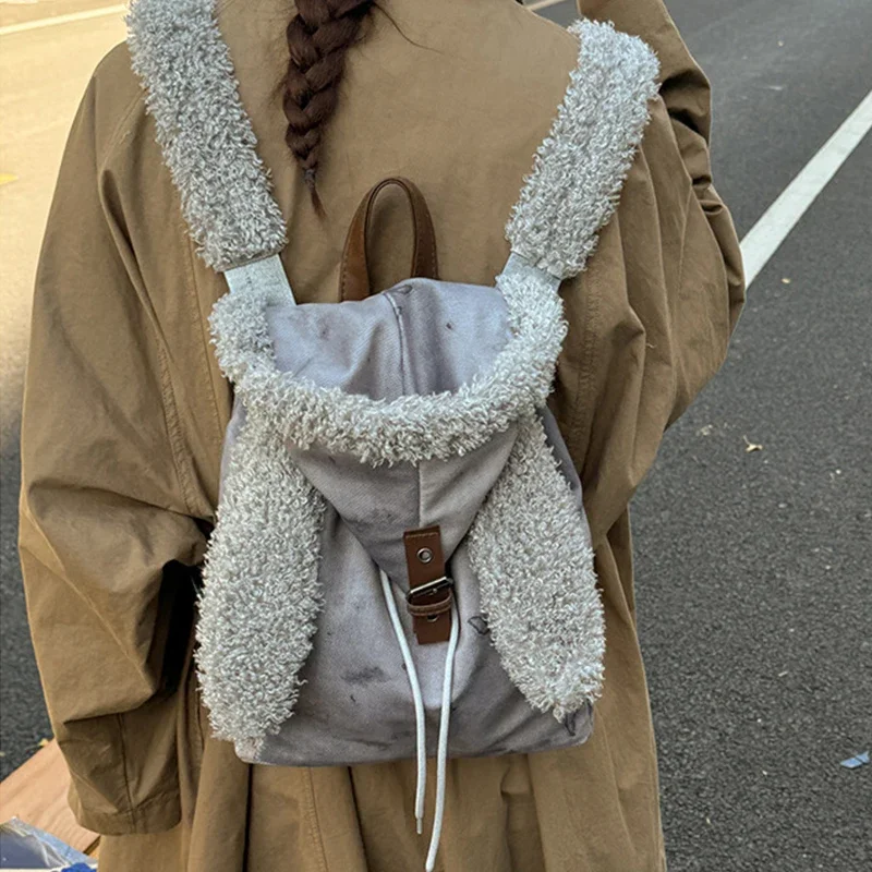 Women's Vintage Distressed Rabbit Ear Backpack, Cute Fluffy Casual Bag Daily Outdoor Outfits Ladies Fashion Daily Small Backpack