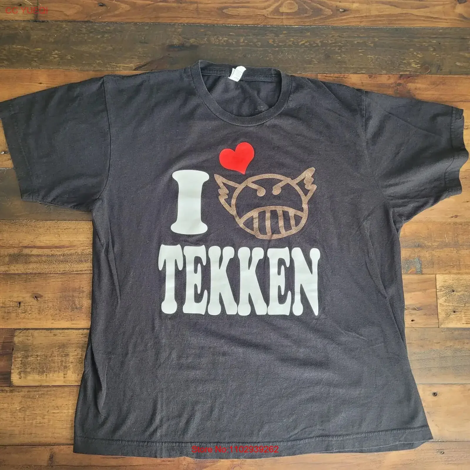 Camiseta promocional del torneo I Love Tekken Tag 2 de 2011, talla grande para hombre, color negro, estilo vintage de Namco, lavada, cómoda, casual, ligeramente desgastada.