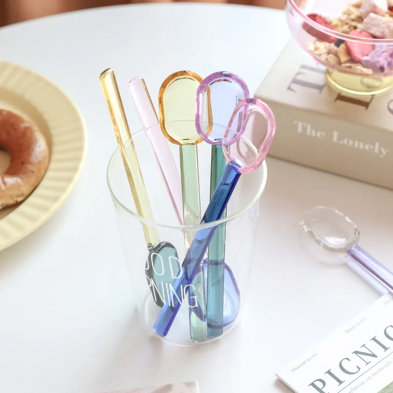 1 Piece Creative Two Tone Oval Glass Spoon Light Pink Blue Yellow Teal Purple Green Cute Lovely Glass Spoon for Dessert Coffee