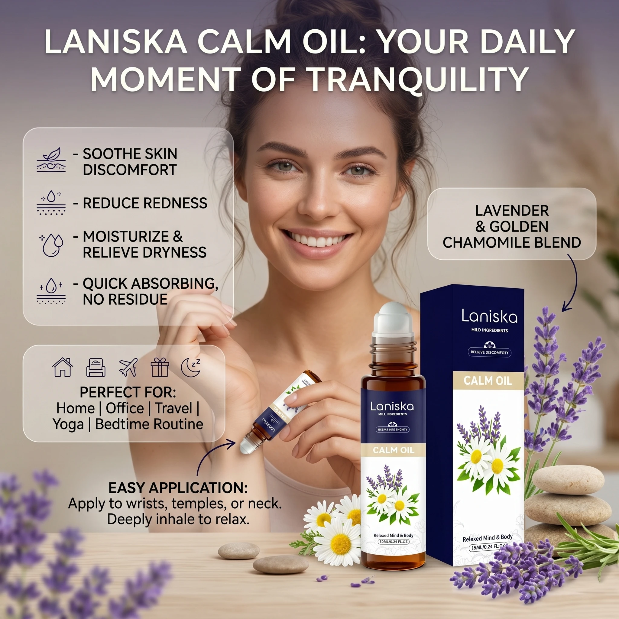 Laniska Calm Oil Discomfort Relief Reduce Skin Redness Soothing Pain Quick Acting Body Relaxation Lavandula Roll-On Essence Oil