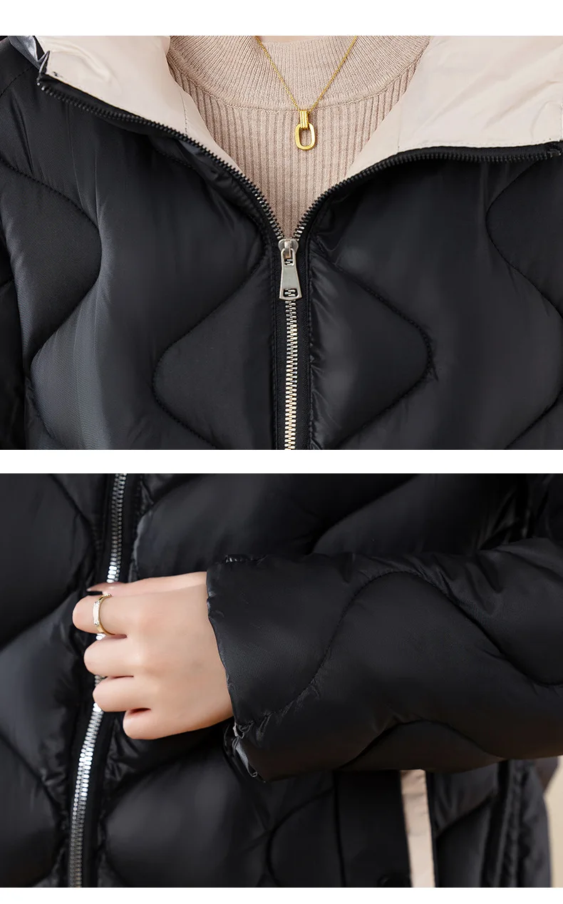 Nueva Chaqueta larga de plumón para mujer, Chaqueta de algodón sin cuello con rejilla de diamantes, Chaqueta de algodón ligera, Abrigo de algodón de invierno para mujer