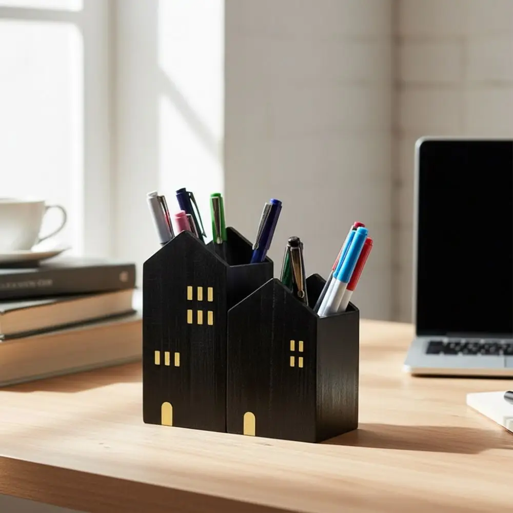 2PCS Wooden House Shape Pen Container Cartoon Vintage Cottage Shape Pen Holder Polished Surface Makeup Brush Storage Box Gift