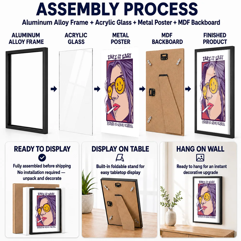 Take It Easy Pop Comic Woman Metal Poster With Aluminum Alloy Frame Personalized Photo Hero Style Wall Art For Lounge Fan Gift