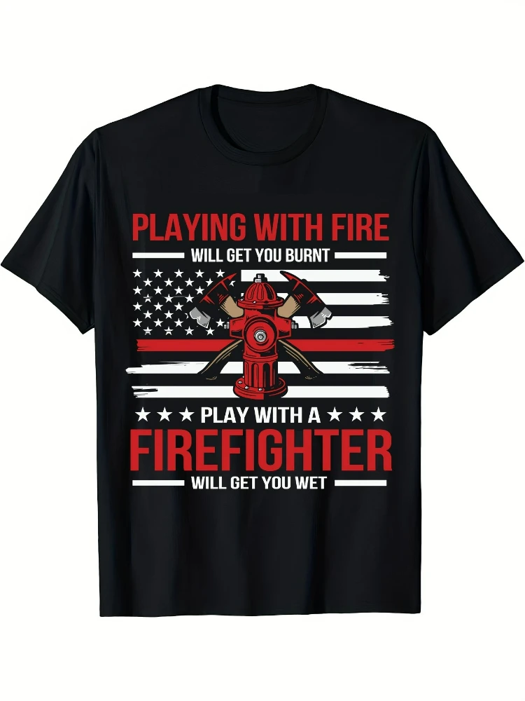 

Firefighter 4th of July- American Flag & Firefighter Axes Graphic-100% cotton O-neck short sleeve casual printed men's T-shirt.