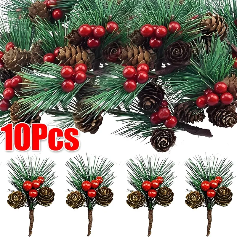 10PCS Christmas Artificial Pine Cone with Holly Branches for Christmas DIY Wreath Decors Xmas Party Home Decor Hanging Pendant