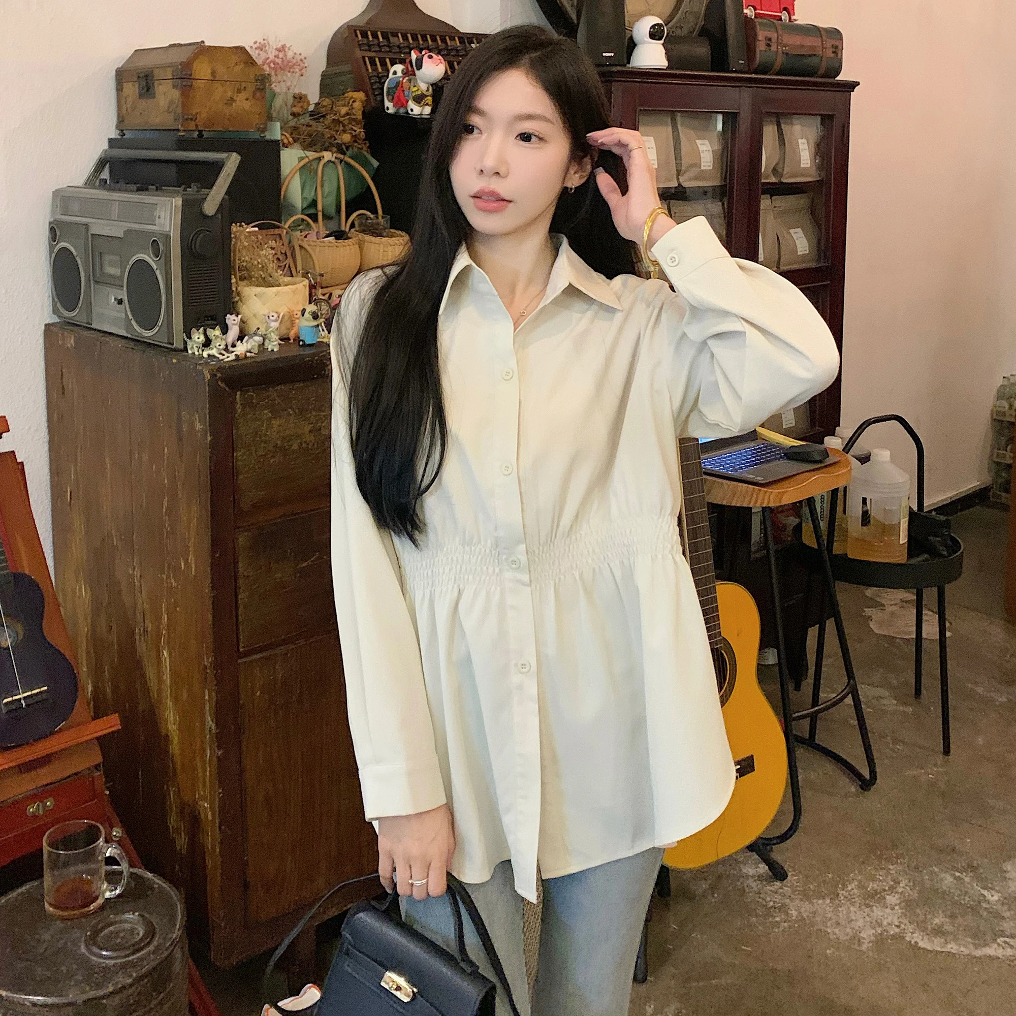 Spot gentle wind waist shirt women's loose and thin shirt stacked with long-sleeved top