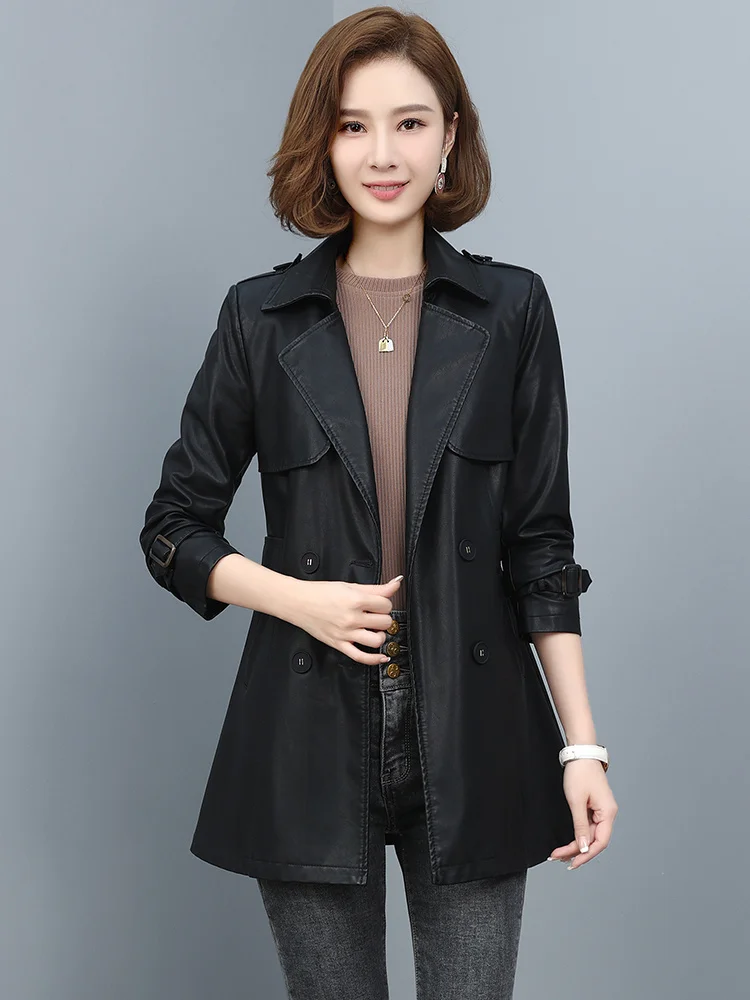 Women Sheep Leather New Trench Coat Spring Autumn 2023 Fashion Design Double Breasted Solid Slim Sheepskin Leather Blazer Tops