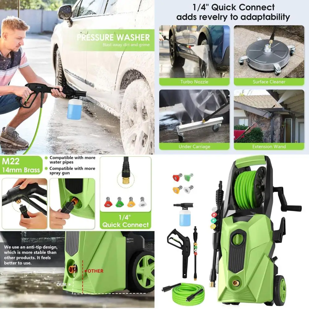 

Мойка высокого давления 5000 PSI, 2.8 GPM с бутылкой для моющего средства, шлангом 33 фута, 4 насадками для автомобилей, дома и уборки на улице (зеленая)
