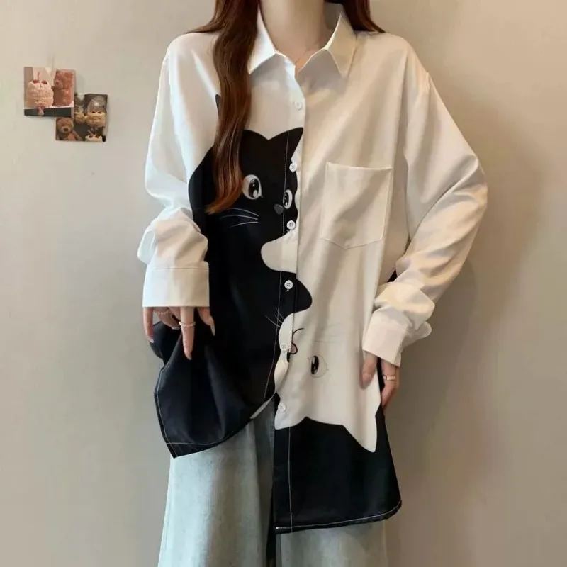 

Women's Black and White Cat Print Shirt Long Sleeve Casual Oversized Button-Down Blouse
