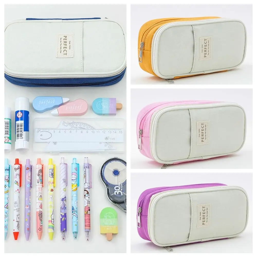 Japanese And Korean Style Pen Storage Bag Pencil Bag Canvas Pen Organizer Large Capacity Macaron Color Pen Contaioner Stationery