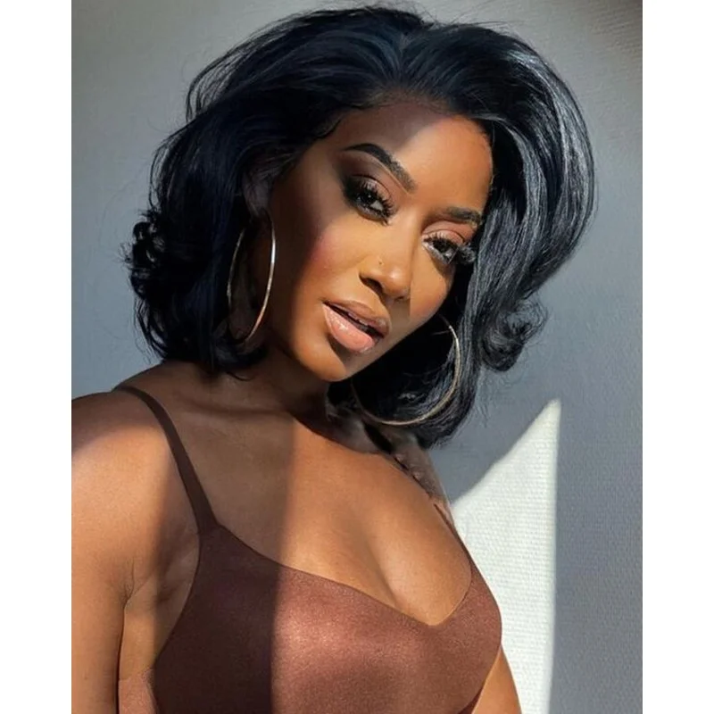 Black Curly Wigs Pre Plucked 13x4 Lace Front 100%  Hair Bob Wave Wigs