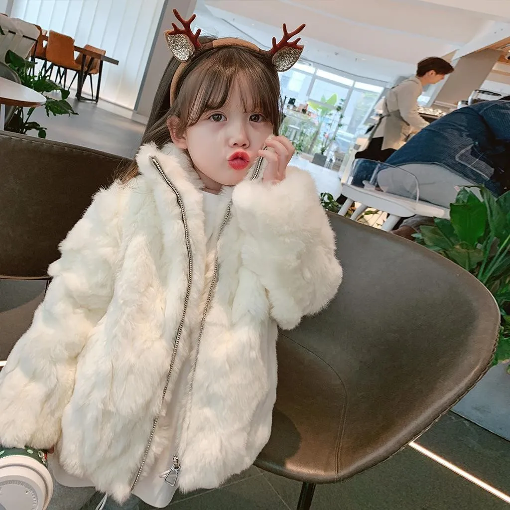 

Children Faux Rabbit Fur Coats Solid Fur Jacket Drawstring Zipper Stand Collar Long Sleeve Thick Loose Casual 2025 Autumn Winter