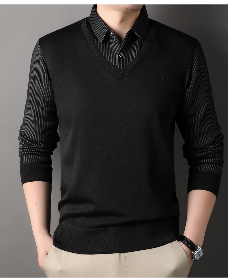 Männlich Herbst Stricken Pullover Polo Shirts Hemd Kragen Pullover Pullover herren Business Casual Mode Streifen Top Kleidung – Detail 8