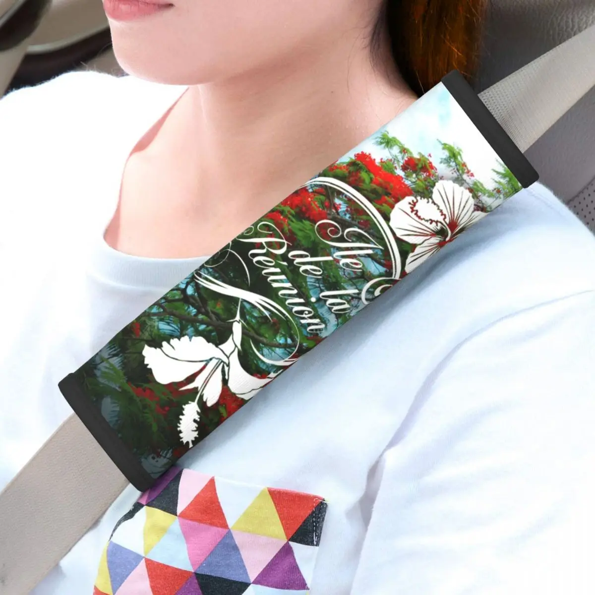 Almofadas do cinto de segurança do carro, Cinto de segurança Shoulder Strap Cover, flores ajustáveis Padrão, Flamboyant Hibiscus, Personalizado 974 Reunion Island, Pacote 2