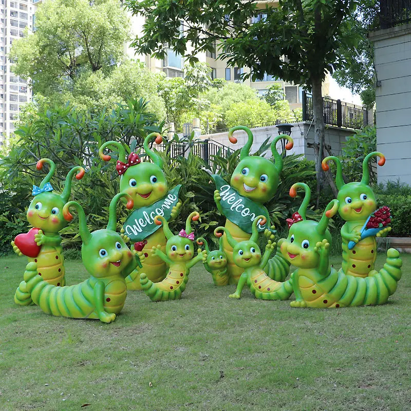 %*f Outdoor Handmade Pastoral-style Cartoon Fiberglass Caterpillar Sculpture Natural Finish Floor-standing Decoration for Garden