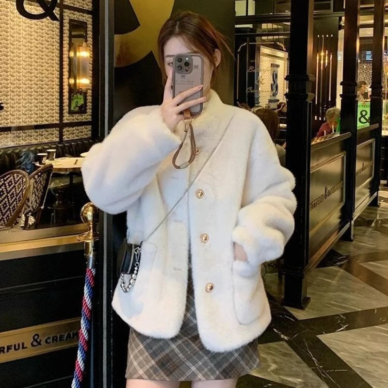 Women's 2026 Winter New Stand Collar Eco Faux Mink Fur Jacket Tweed Quilted Thick Warm Elegant Chic Coquette Trendy Top