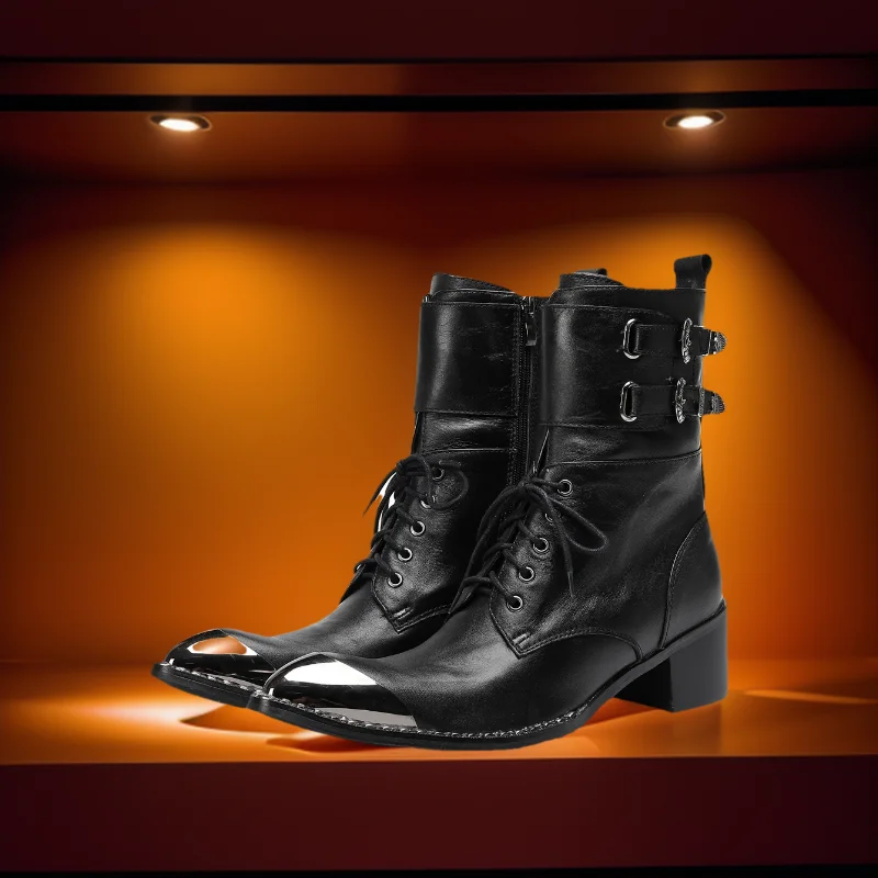 Schwarze Gürtelschnalle Weiches Leder Knöchel Herren Stiefel Westernstiefel Herren Spitzschuh Cowboy Schuhe Party Bota Masculina Herren, Große Größen – Detail 5