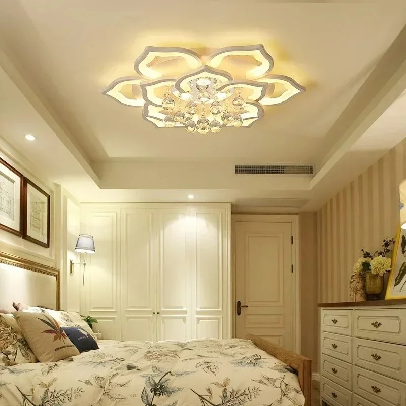 Modern Crystal Living Bed Room Petal Ceiling Lamp Home Decor LED Lighting White Flower Shade Fixture Dimmable Luminous