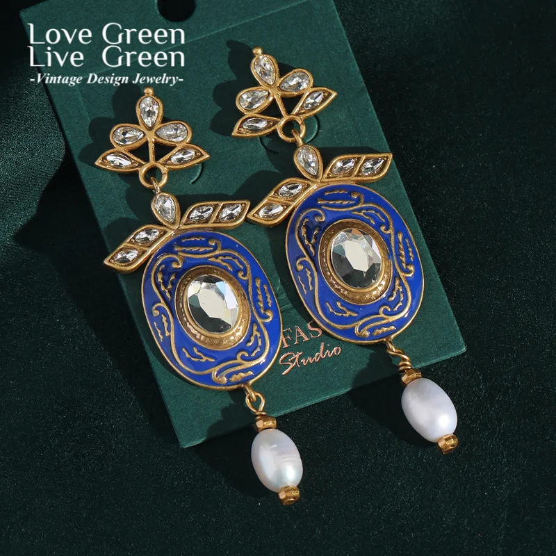 

Vintage Pearl Drop Crystal Earrings Luxury Blue Enamel Baroque Jewelry Natural Trendy 2025 For Women Large Accessories Wedding