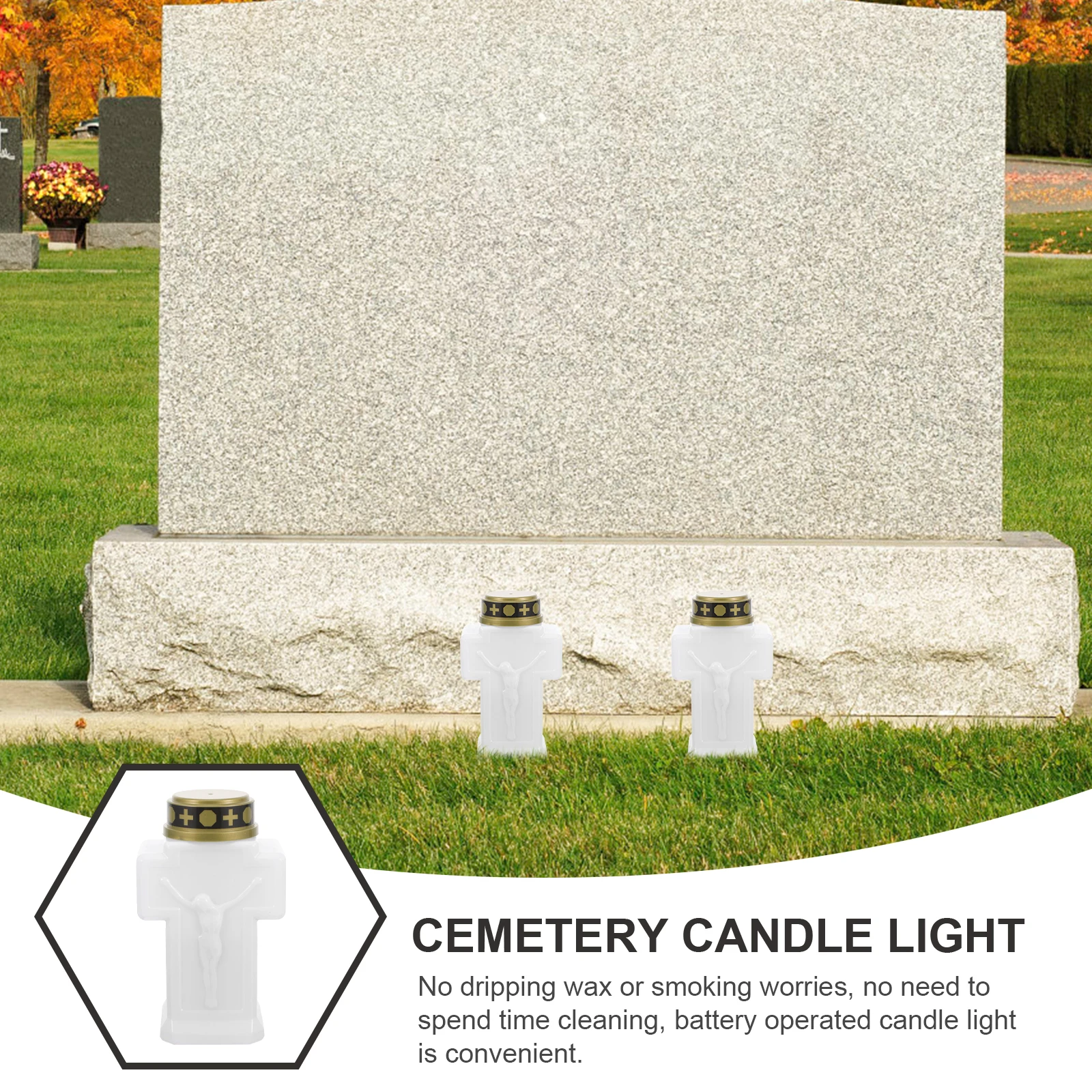 Flameless Light Electronic Wax LED Operated White Plastic Garden Cemetery Outdoor Decorative Grave Lamp - Image 4