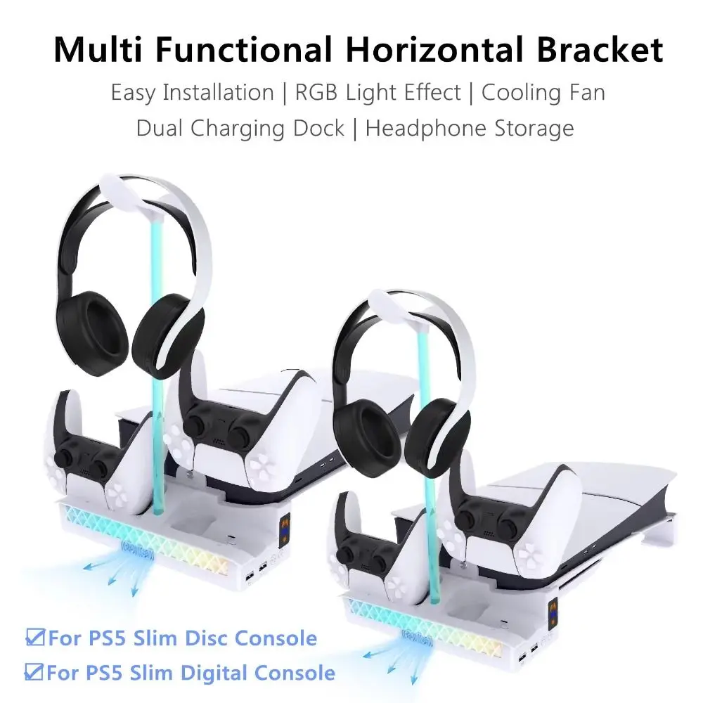 RGB Light Effect Horizontal Bracket Stand Acrylic ABS Game Accessory Durable Headphone Hanger for PS5 Slim Disc/Digital Console