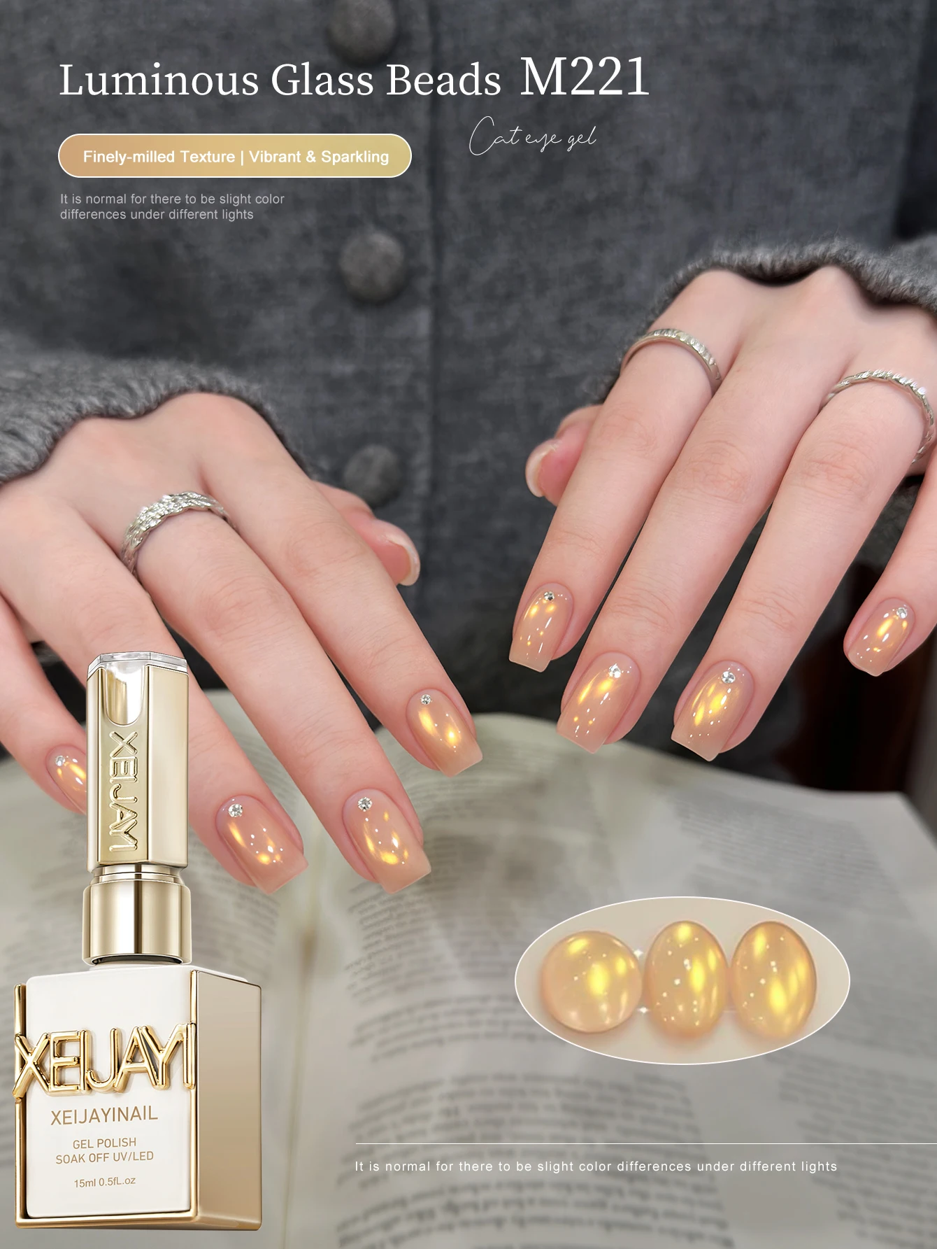 XEIJAYI 1 Stück 15ml Goldener Gradient Cat's Eye Gel Nagellack Neue Trendfarbe Goldene Glasperlen Nagelkunst für Frauen und Mädchen