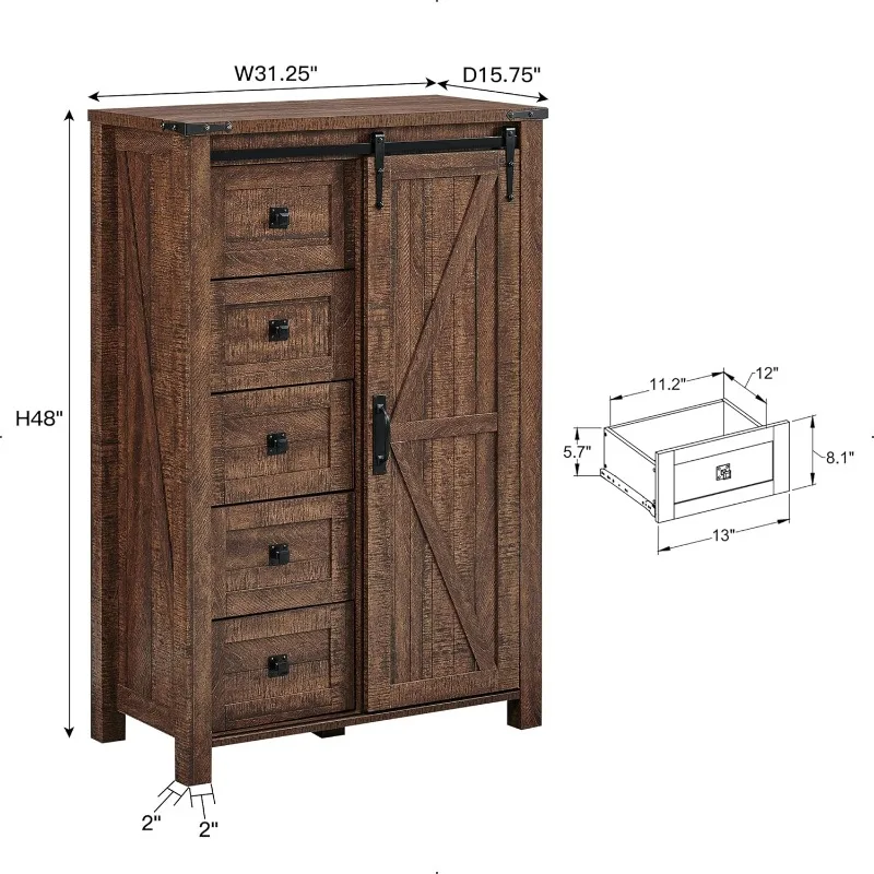 5 Drawers Dresser for Bedroom w/Sliding Barn Door, Farmhouse Modern Tall Dresser 5 Chest of Drawers, Storage Organizer