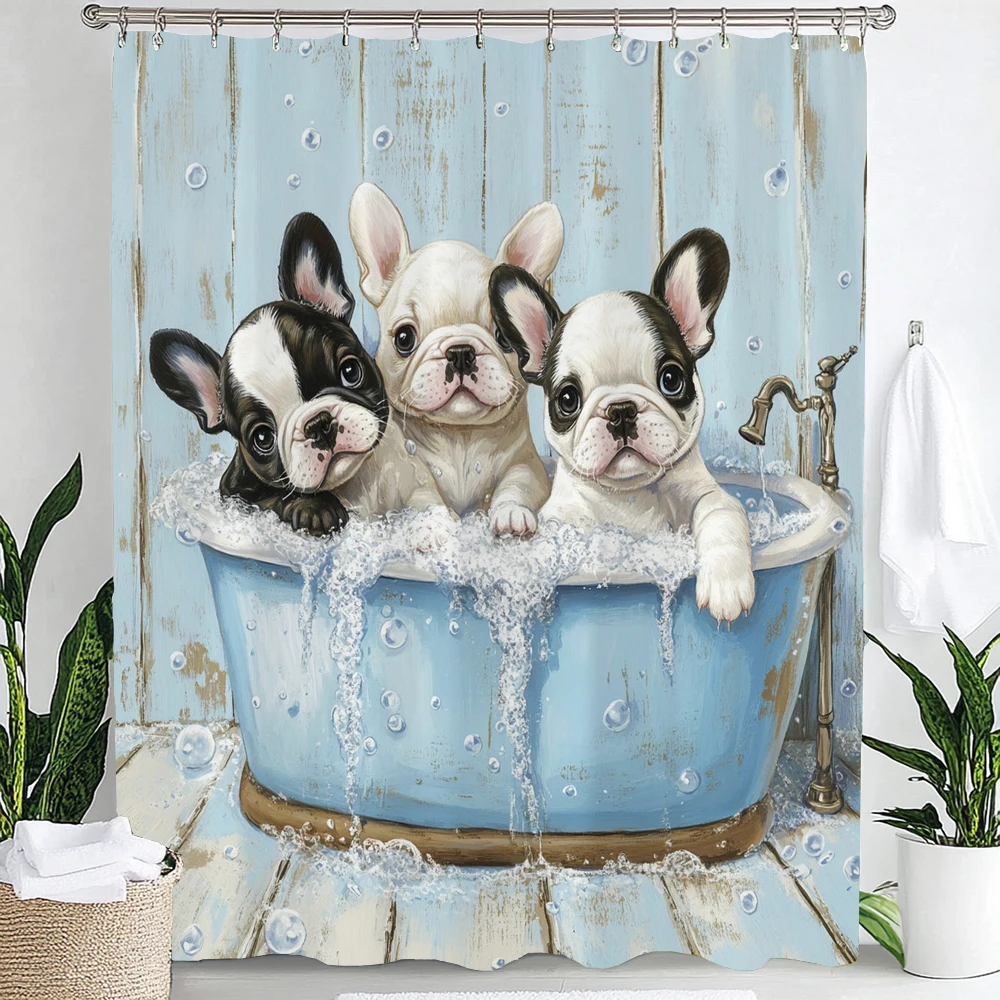 Funny Dogs Cute Shower Curtain,Bathing Dog Bulldog Pet Hilarious Farmhouse Rustic Bathroom Curtain Decoration with 12 Hooks