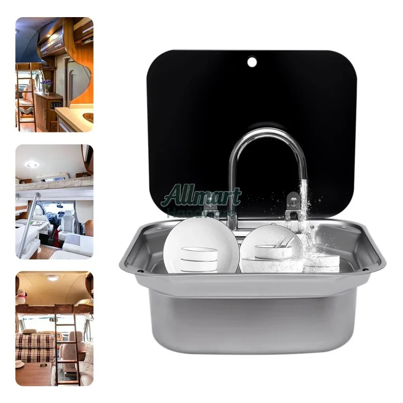 Stainless steel washbasin sink with foldable faucet suitable for RVs or boats, tempered glass cover camping trailer accessories