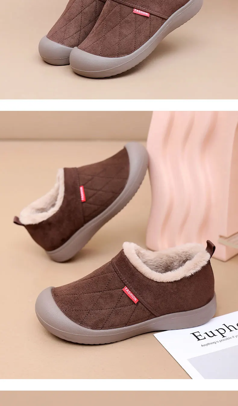Damen Winter Warme Plüschgefütterte Slip-On Loafer Gestepptes Obermaterial Rutschfeste Weiche Sohle Lässige Baumwollschuhe zum Gehen – Detail 16
