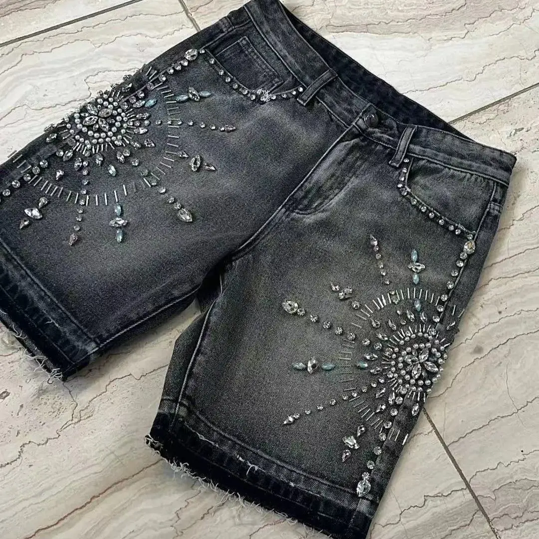 Retro Washed Personalized Street Loose Straight Diamond Decorated Denim Shorts Women