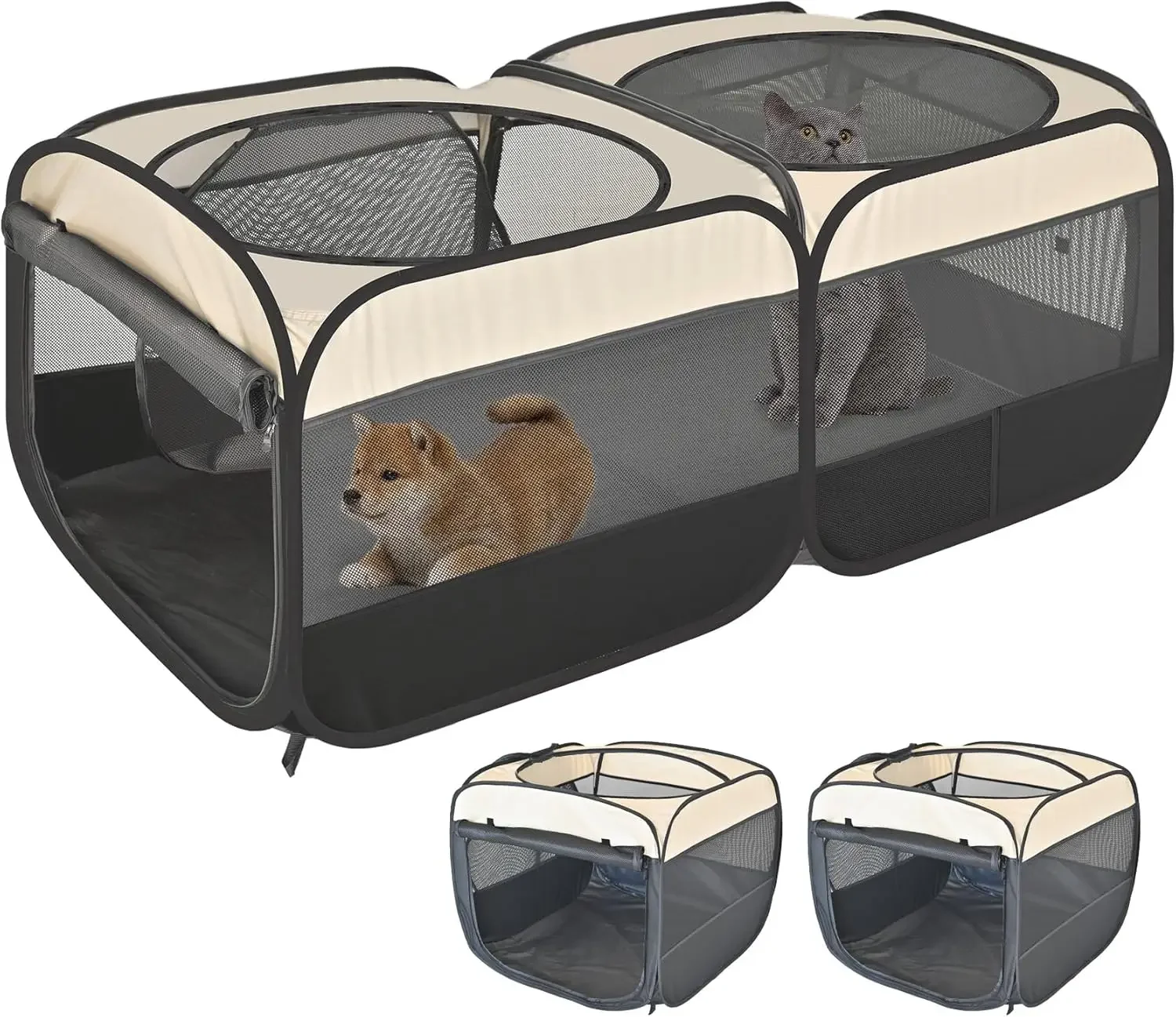 

2-in-1 Pop Up Cat Playpen, Detachable into 2 Separate Pens with Additional Doors, Assembly-Free Portable Dog Crates Pet Pen Tent