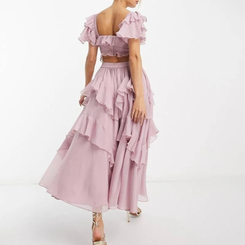 2025 nouveau Vintage vacances bord fleuri dos ouvert creux mode robe irrégulière décontracté femmes à volants bord froissé longues robes