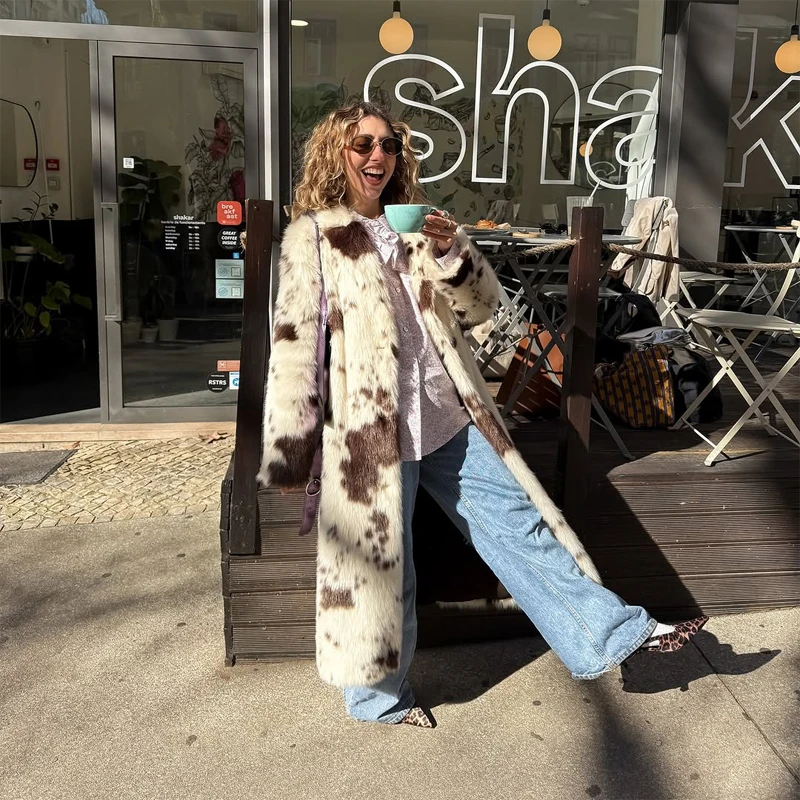 Cow Print Faux Fur Long Coat Double Breasted Lapel Collar Fluffy Loose Coats 2026 New Warm Fashion Winter Party Casual Jackets