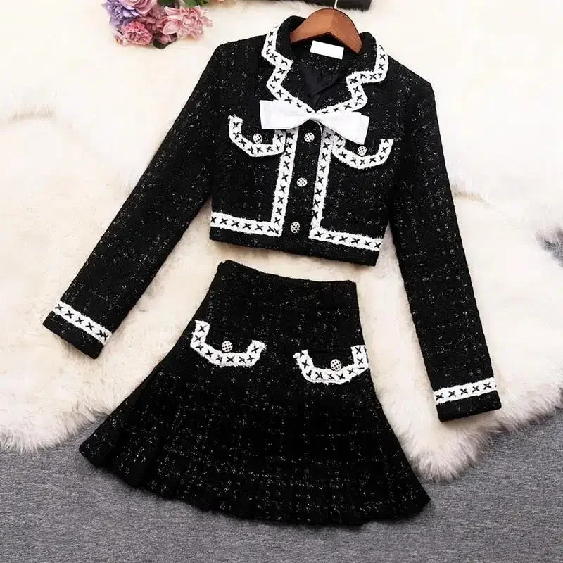 Women Elegant Tweed Black Suit Blazer Jacket Coat Top and Mini Skirt Two Piece Set Matching Outfit Winter Office Work Clothing