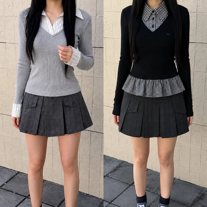 Preppy Street Co‑Ord For Modern Girls Harajuku Y2K Fake Two‑Part Top Form‑Fitting Plaid Pleated Mini Skirt Casual Daily Ensemble