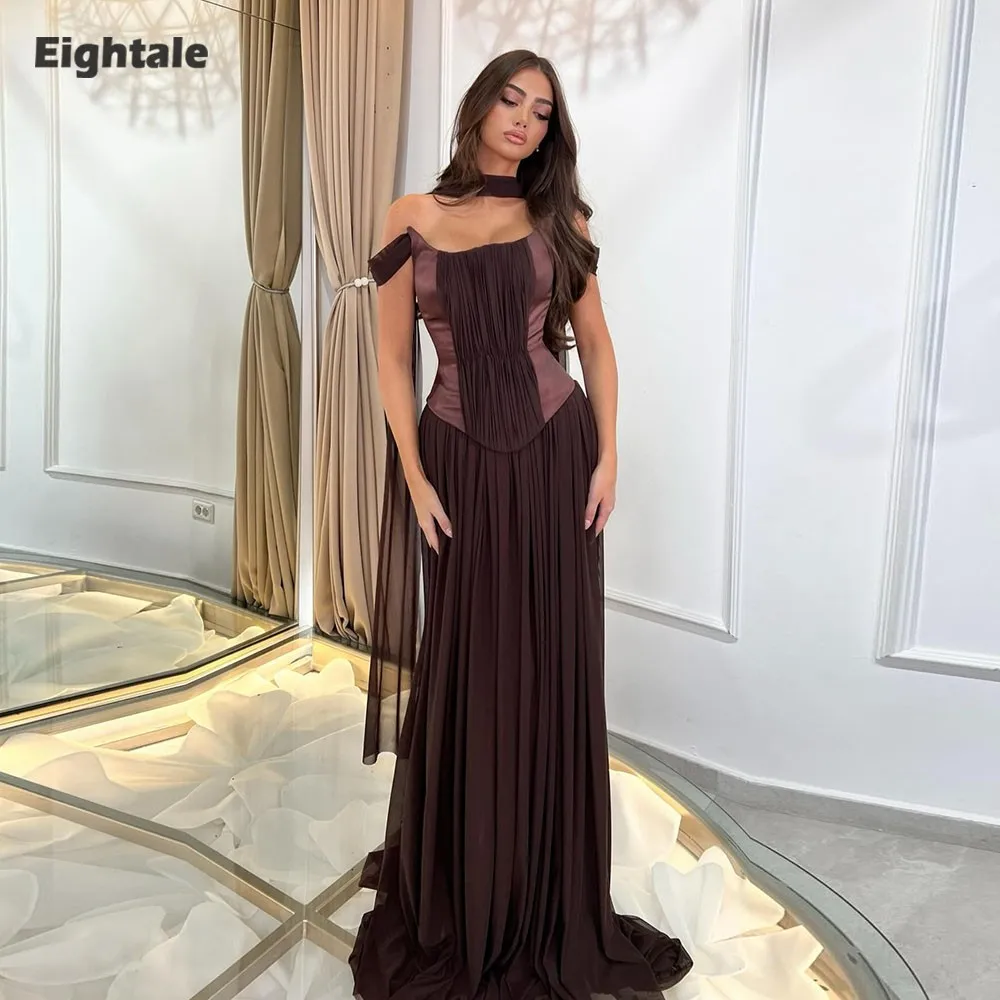 

Eightale Arabic Evening Dress Off Shoulder Chiffon Muslim Brown A-Line Sexy Prom Wedding Party Gown