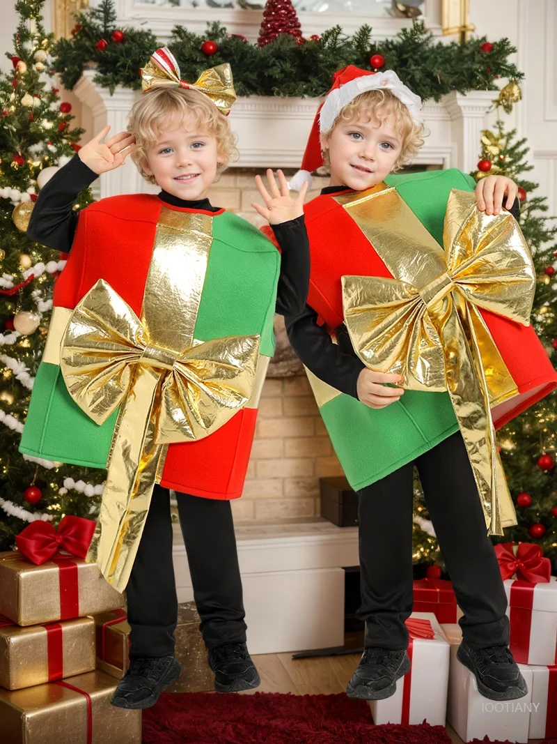 

Children's Christmas Overalls Boys Girls Role Play Christmas Gift Box Costume Holiday New Year Party Stage Performance Dress Up