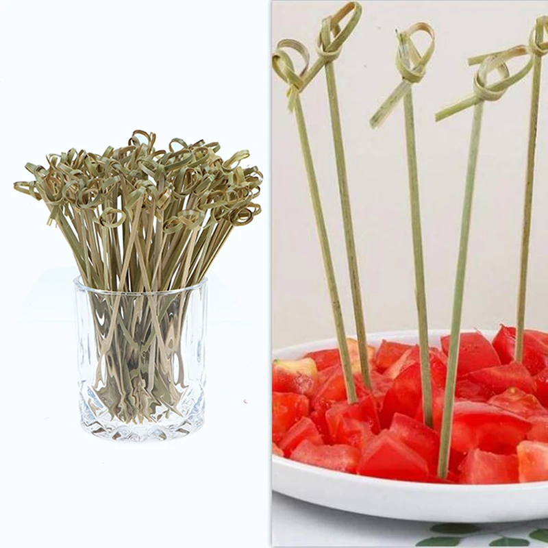 100Pcs Disposable Bamboo Tie Knotted Skewers Twisted Ends Cocktail Food Fruit Picks Fork Sticks Buffet Cupcake Topper