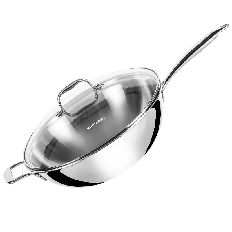 

High Quality 30CM 32CM Stainless Steel Uncoated Stir Fry Pan with Glass Cover