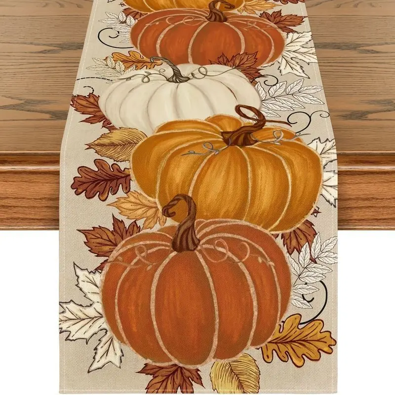VIKAMA Autumn Pumpkin Maple Leaf Table Runner Linen Table Decor for Fall Thanksgiving Harvest Dining Table Home Decoration