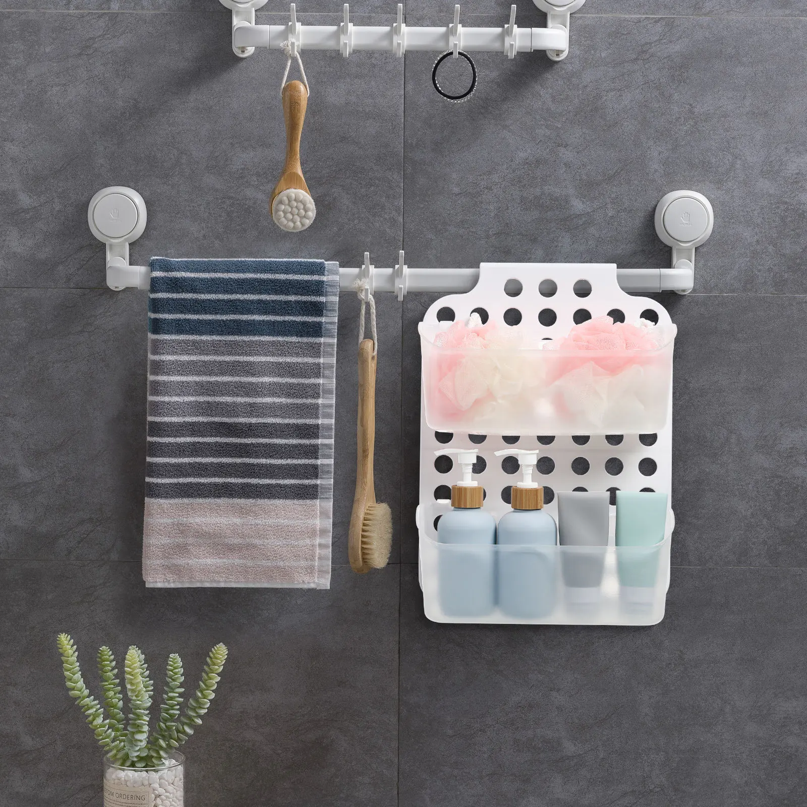 

Dual Tier Storage Basket No Punch Installation Stable Wall Mounted Holder for Bathroom Kitchen Office Use Rustproof Shower