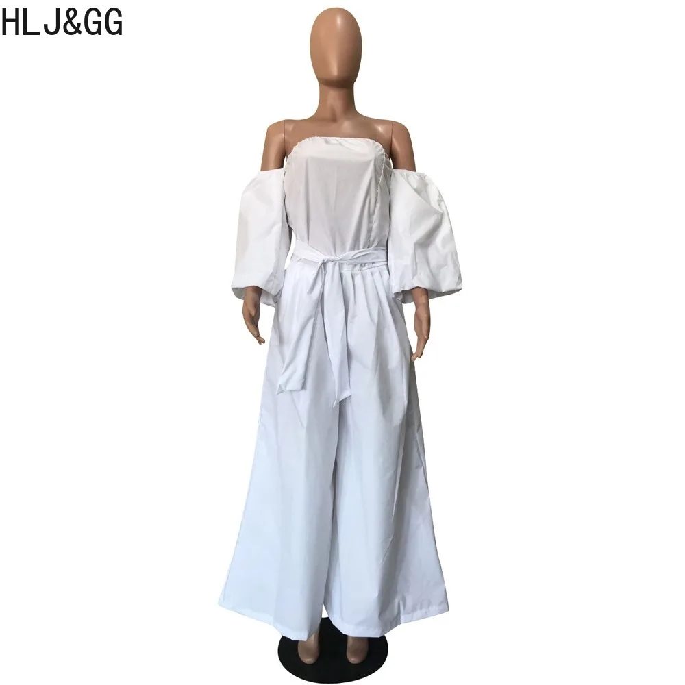 HLJ&GG White Sexy Off Shoulder Wide Leg Pants Jumpsuits Women Long Sleeve Lace Up Loose Playsuits Female Solid One Piece Overall