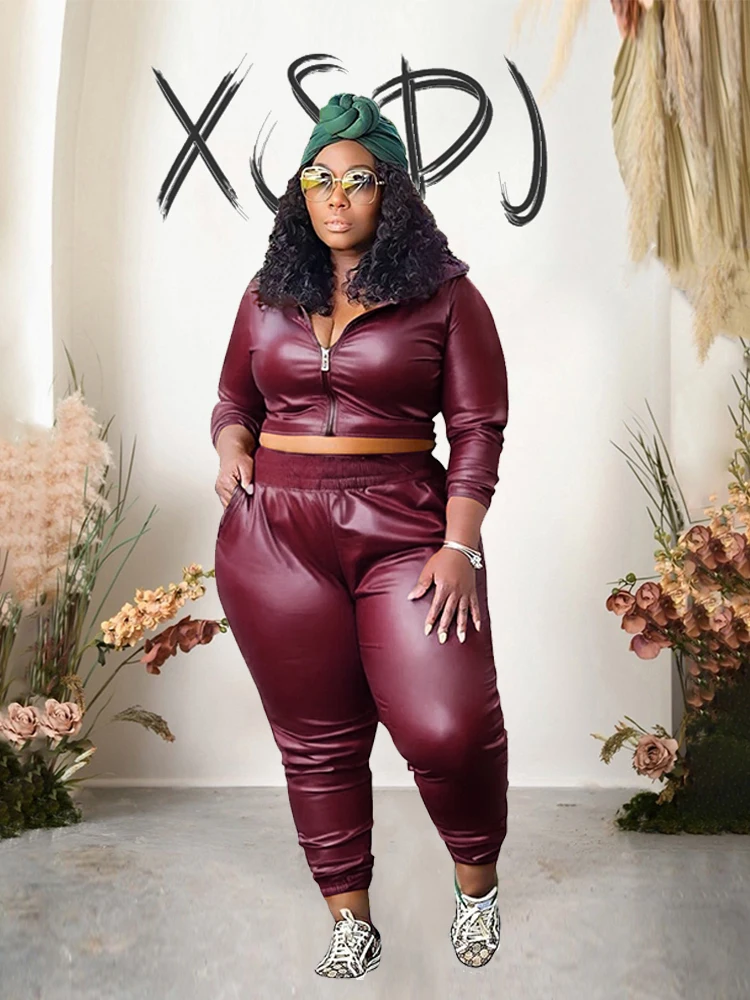 Curvy Woman Clothes Plus Size Autumn Long Sleeve Top Leather Jacket and Pants 2 Piece Sexy Outfits Wholesale Dropshipping