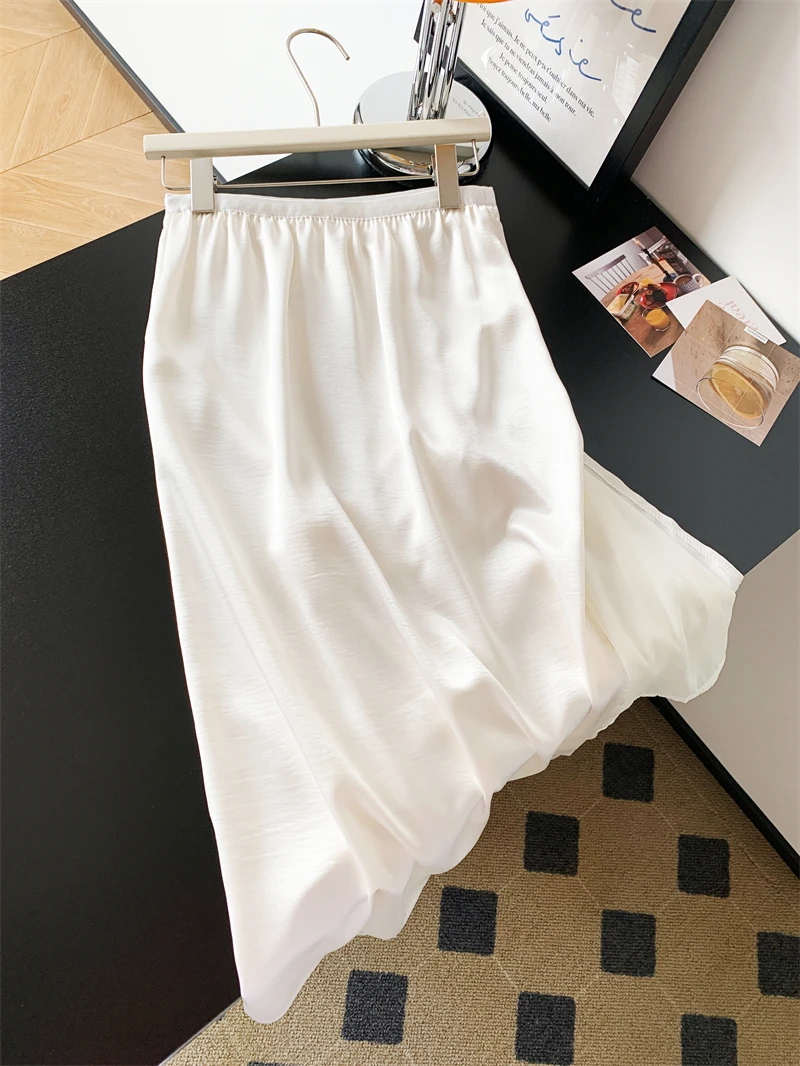 

New Elegant Satin Mesh Splicing Half Length Skirt For Women Summer White Casual Long Skirt High Waist Versatile A-Line Skirts
