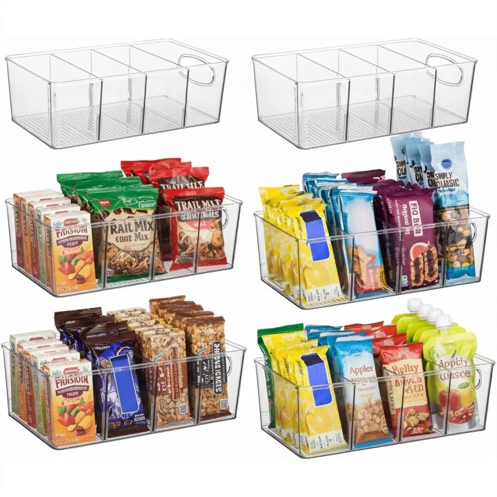 

Pantry Organizers and Storage Bins with 6 Divided Sections, Clear Cabinet Organizer for Fridge, Drawer, Cupboard and Snack