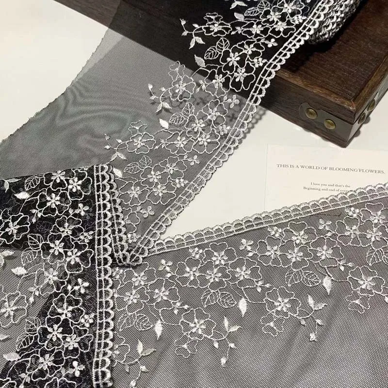 

15Yards White Floral Black Mesh Tulle Embroidery Lace Trim For Skirt Hem Clothes Sewing Material DIY Apparel Dress Fabric