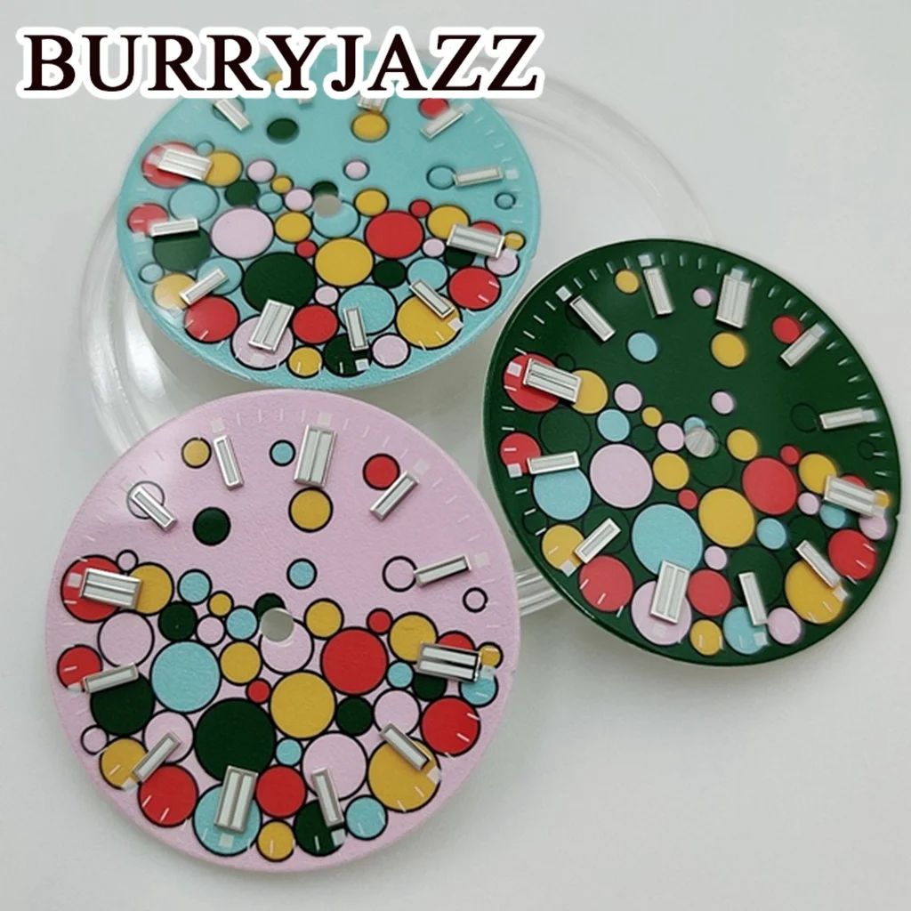قرص ساعة من Burryjazz مضيء ، بدون شعار ، قرص أزرق وأخضر ووردي ، الساعة 3: 00 ، علبة ساعة التاج ، ، من من نوع NH35 4R35 NH34 #2