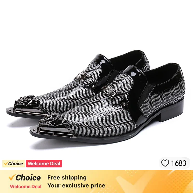 Zapatos de punta puntiaguda de Metal para hombre, calzado de vestir de caballero negro, diseño de cristal de retazos, fiesta de boda, marca personalizada, talla grande